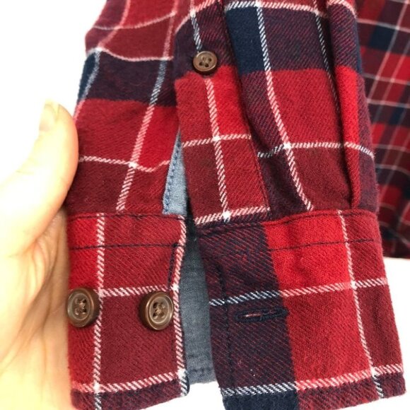 Simons le 31 red navy button down plaid flannel semi fit long sleeve Med - Picture 9 of 14